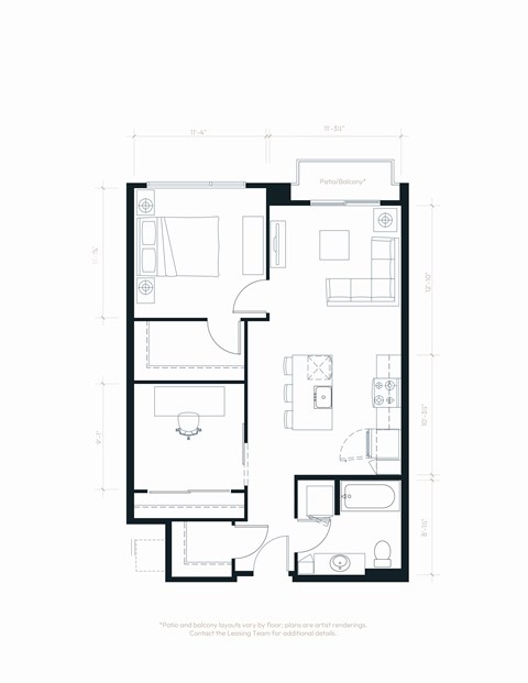 Floor plan for 1 bed, 1 bath, 760 sqft